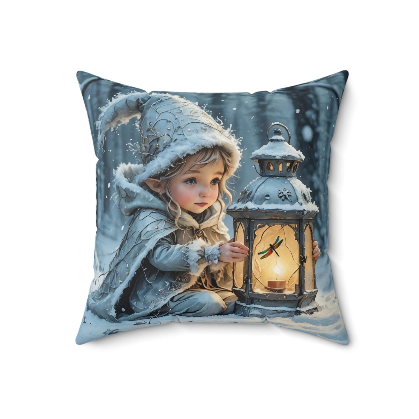 Square Pillow Winter Fairy Elf Dragonfly Lantern Art