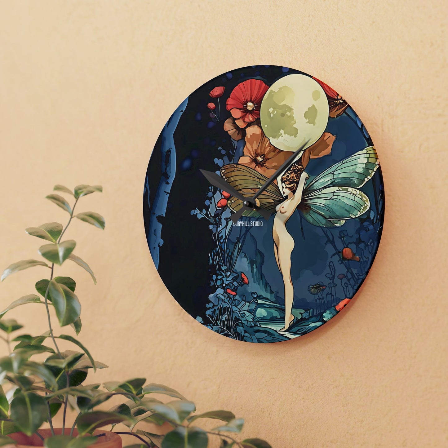 Wall Clock - Moon Fairy Holding Moon amongst Red Poppy Flowers Scene