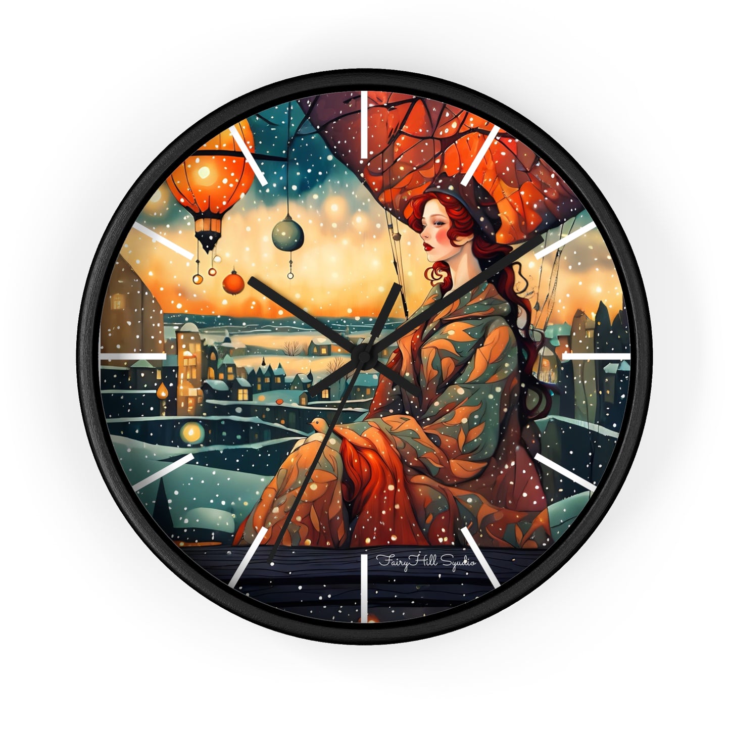 Whimsical City snow Wall Clock, Boho Home Decor, Cat Lover Gift, Cozy Living Room Accessory, Unique Cat Artwork