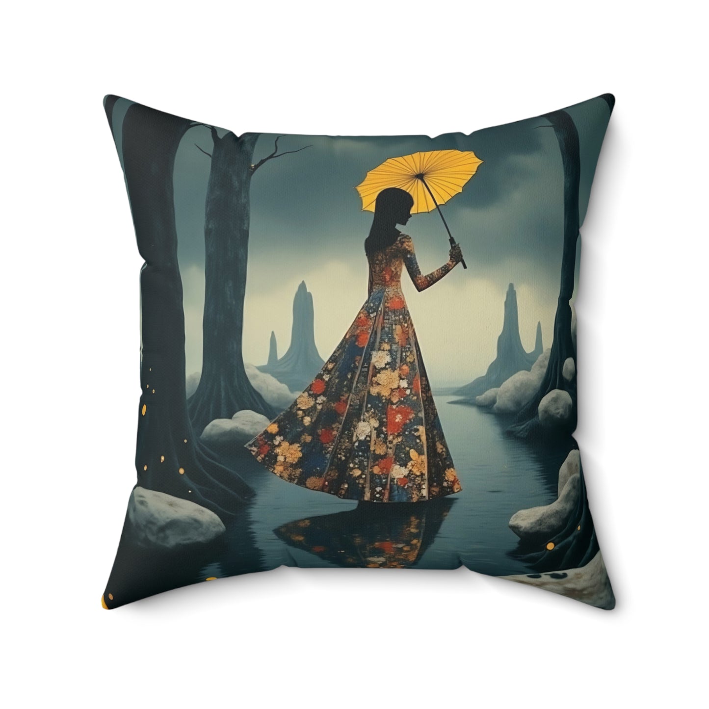Yellow umbrella Square Pillow - by Fairyhill Studio