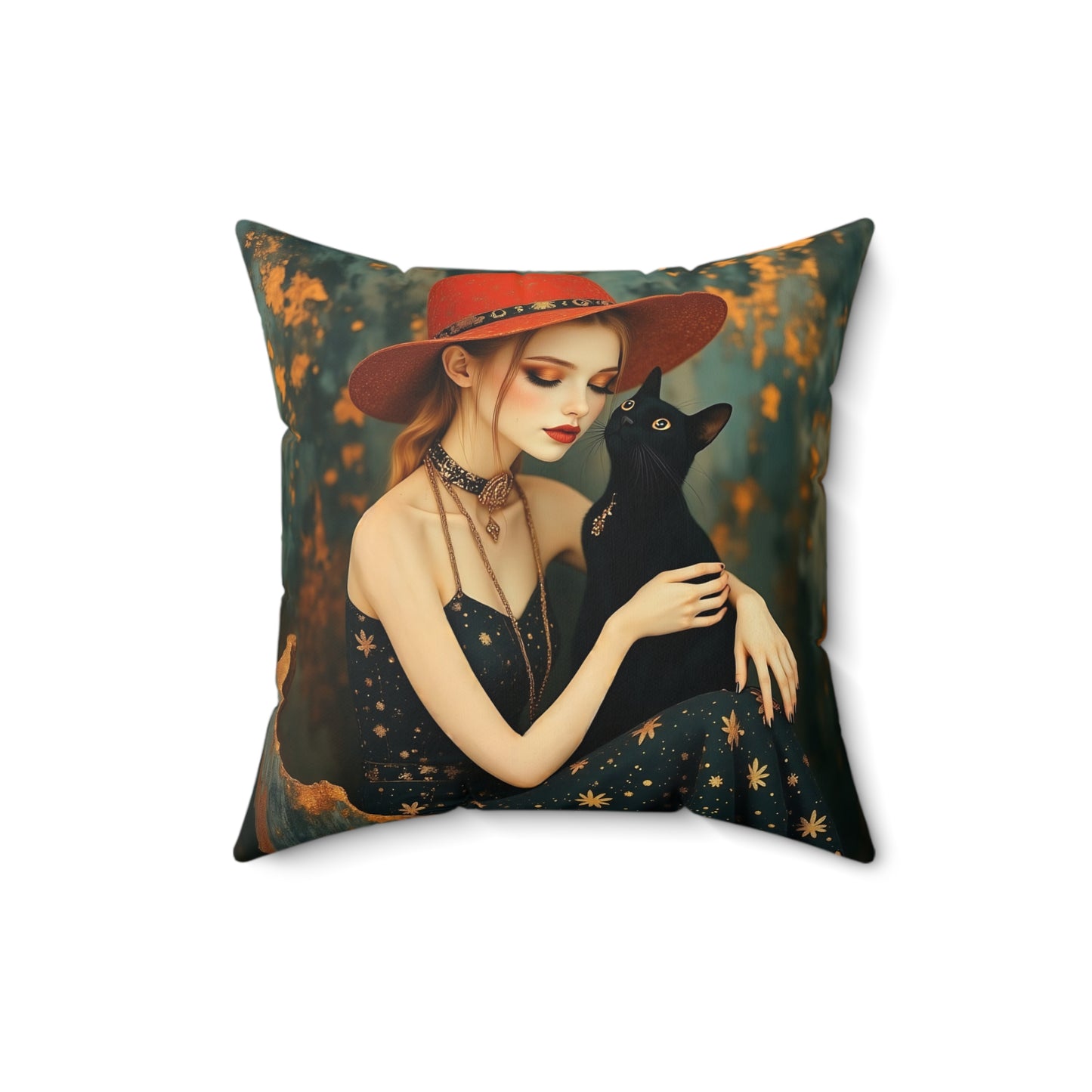 Girl with black cat  Square Pillow - by Fairyhill Studio