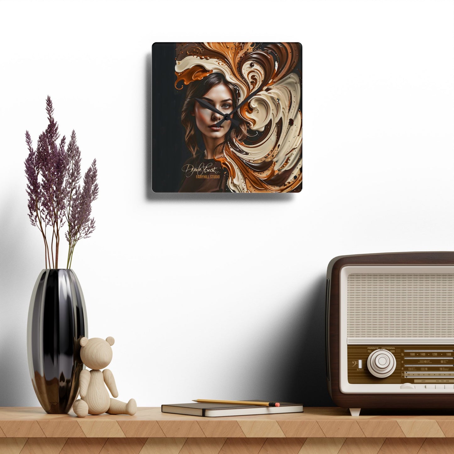 Acrylic Wall Clock Dark Roast Coffee /Art