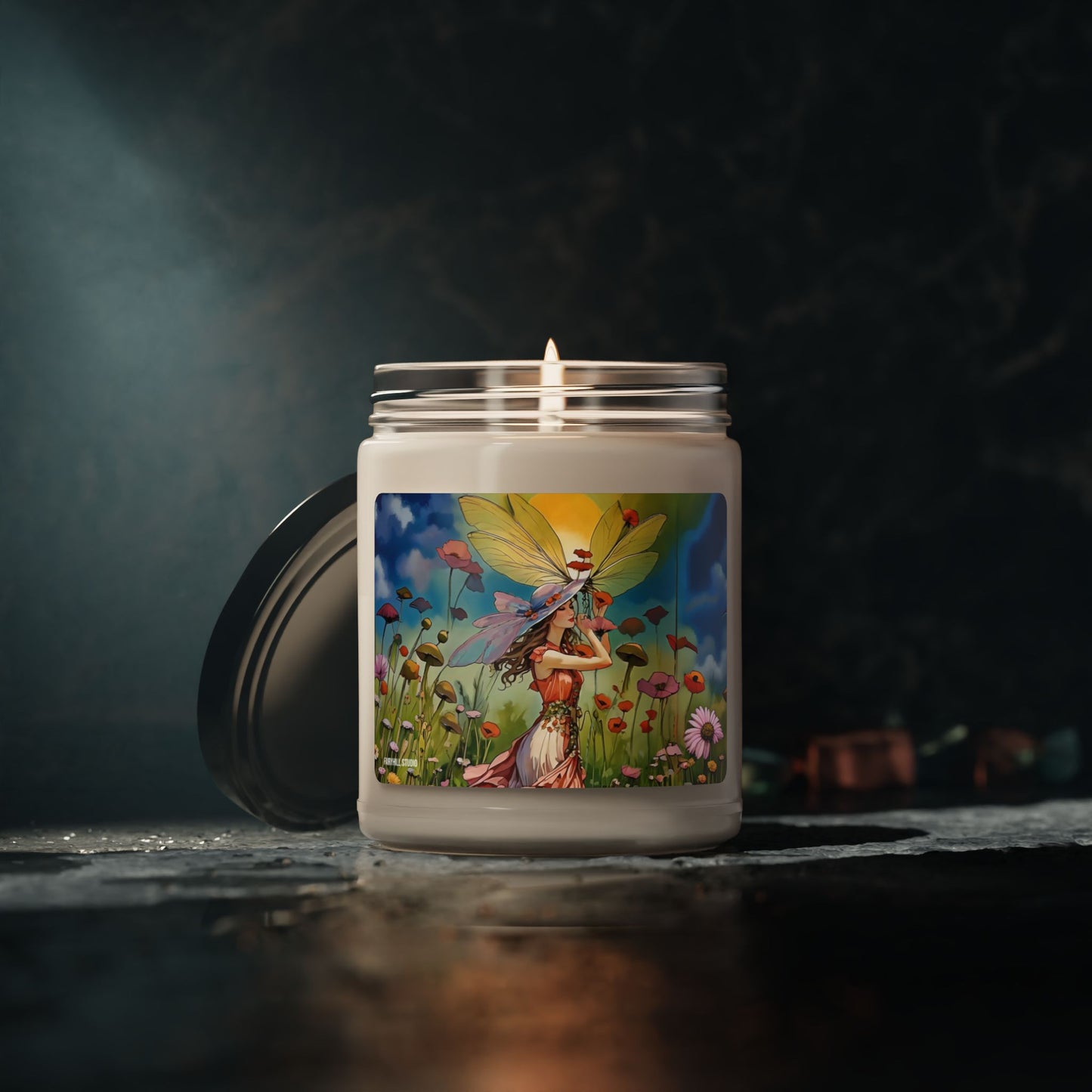 Soy Candle Art of a girl with summer hat in summer gathering flowers