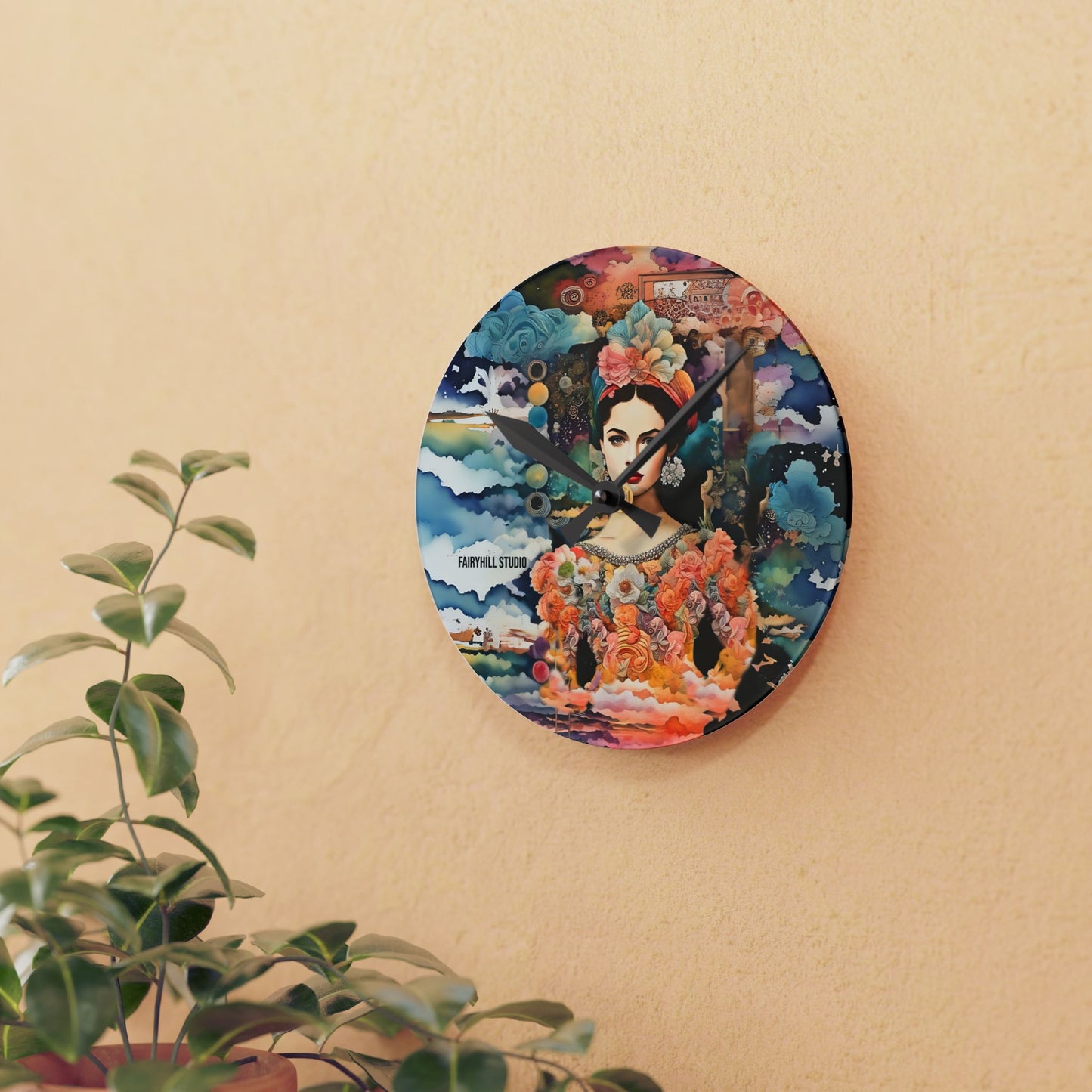 Wall Clock - Tropical Flower Girl Collage Art Acrylic Wall Clock