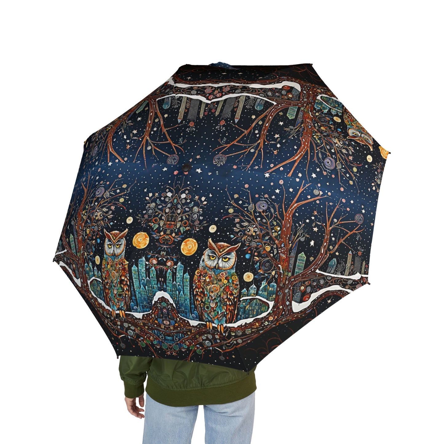 Night Owl Design Semi-Automatic Foldable Umbrella, Unique Rain Gear, Gift for Nature Lovers, Stylish Outdoor Accessory, Floral Print