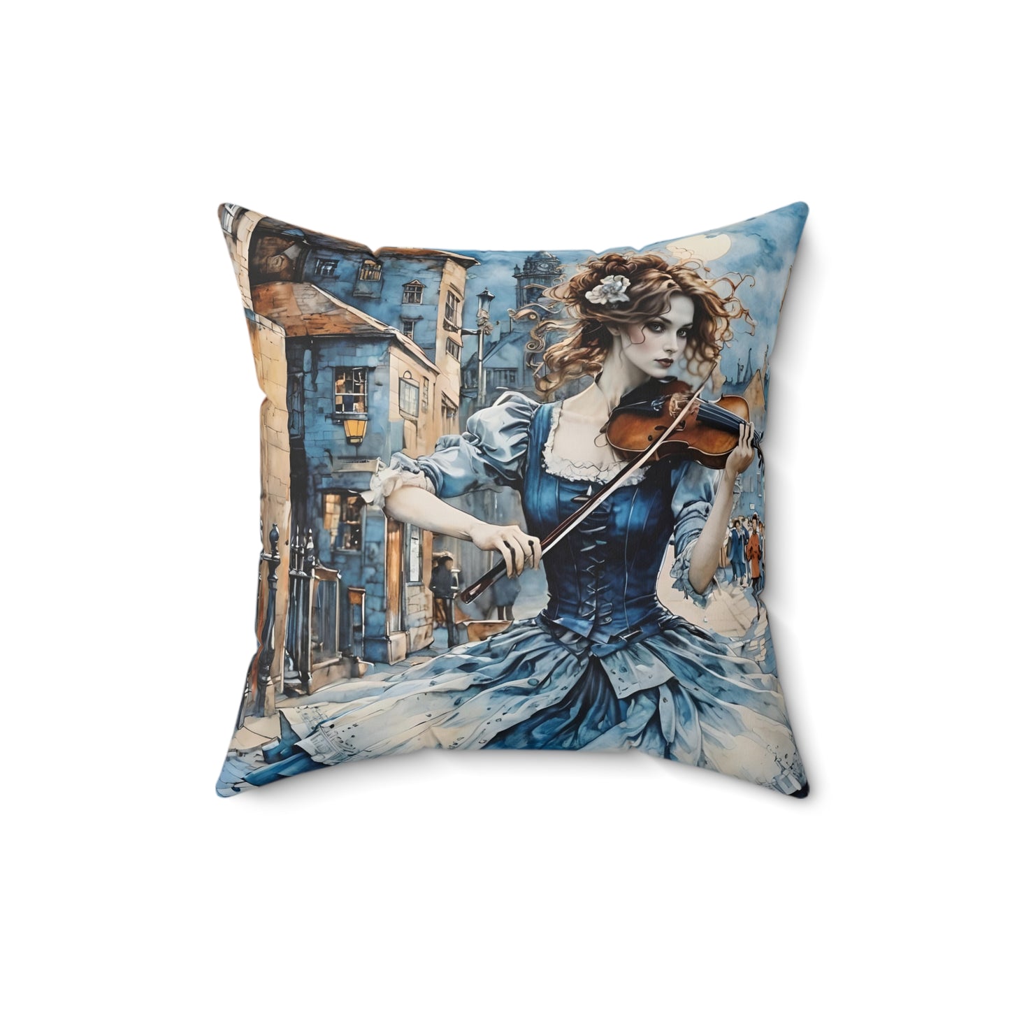 Square Pillow Blue Gypsy Violinist Girl Art