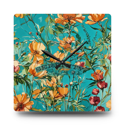 Acrylic Wall Clock - Blue Orange Wild Flowers Art  by Fairyhill Studio