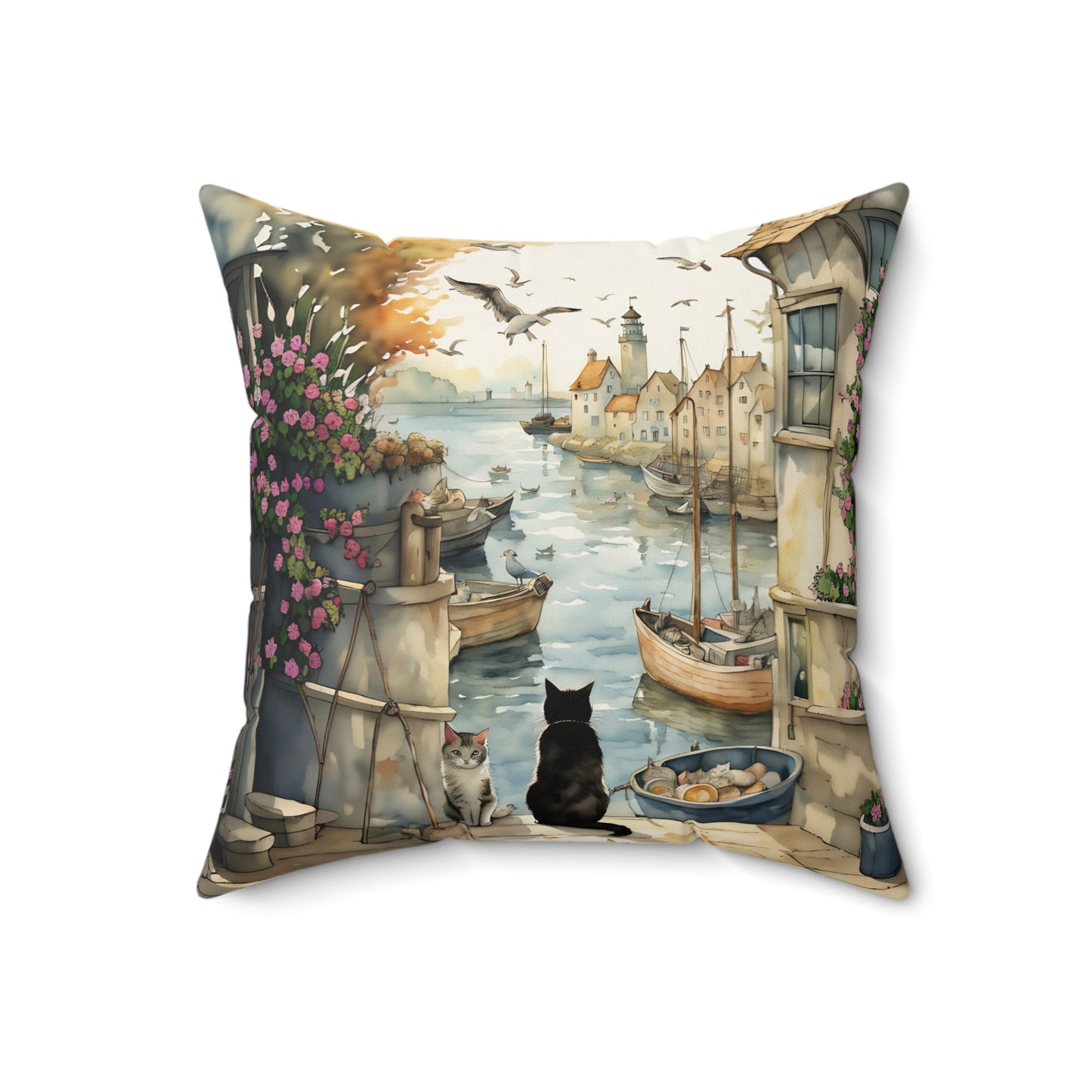Harbour Cats Square Pillow - by Fairyhill Studio