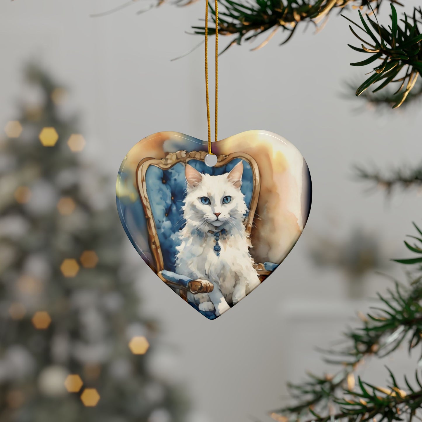 Ceramic Ornaments - White Cat on Blue Chair - 2-Side Print - Holiday Decor