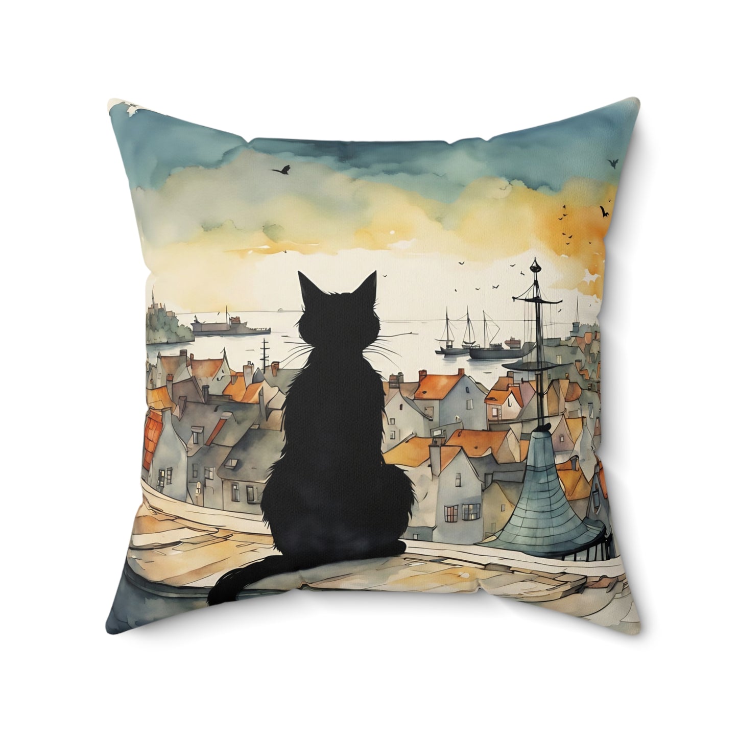 Black cat on a balcony Square Pillow - by Fairyhill Studio