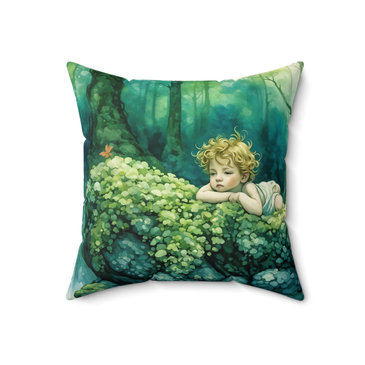 Cherub in the woods Square Pillow - by Fairyhill Studio