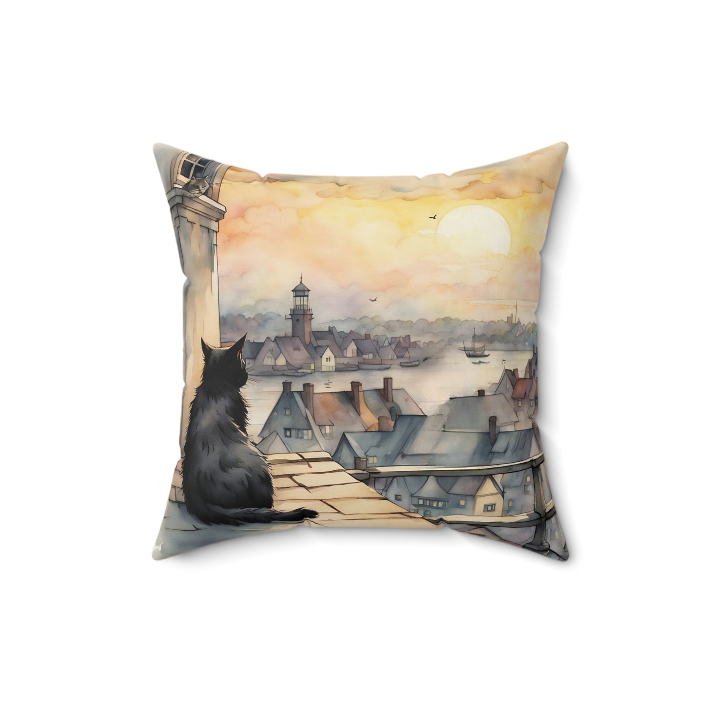 Black cat on a rooftop Square Pillow - by Fairyhill Studio