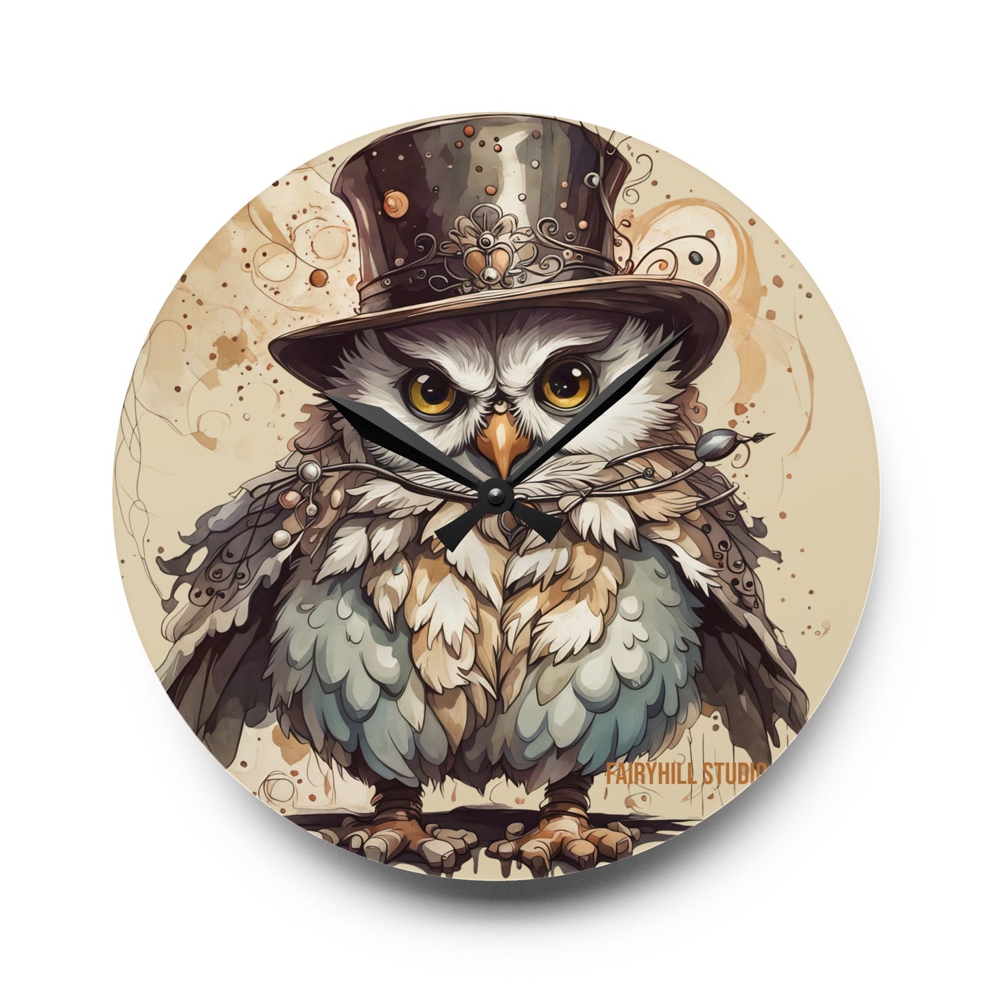 Acrylic Wall Clock - Cute Night Owl Steampunk Art
