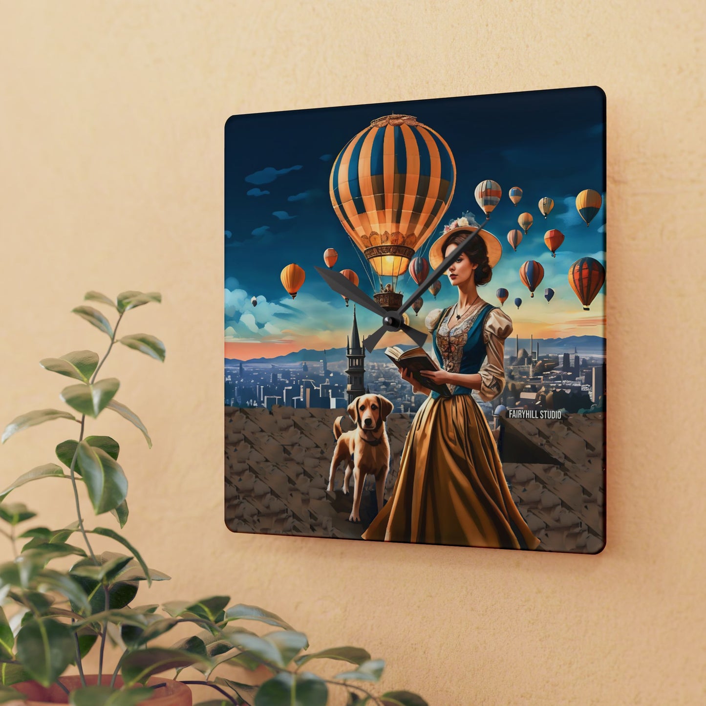 Wall Clock - Hot Air Balloons and Victorian Girl Reading with Dog Design