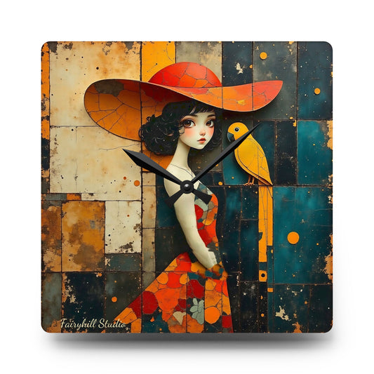 Girl with a yellow parrot Acrylic Wall Clock