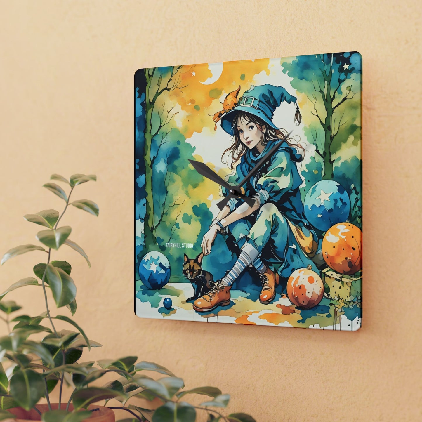 Acrylic Wall Clock -Girl with cat Art