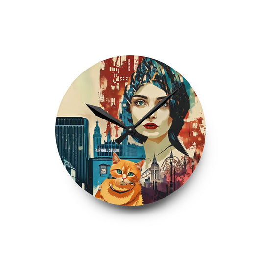 Acrylic Wall Clock -Model with a Yellow cat in London /Art