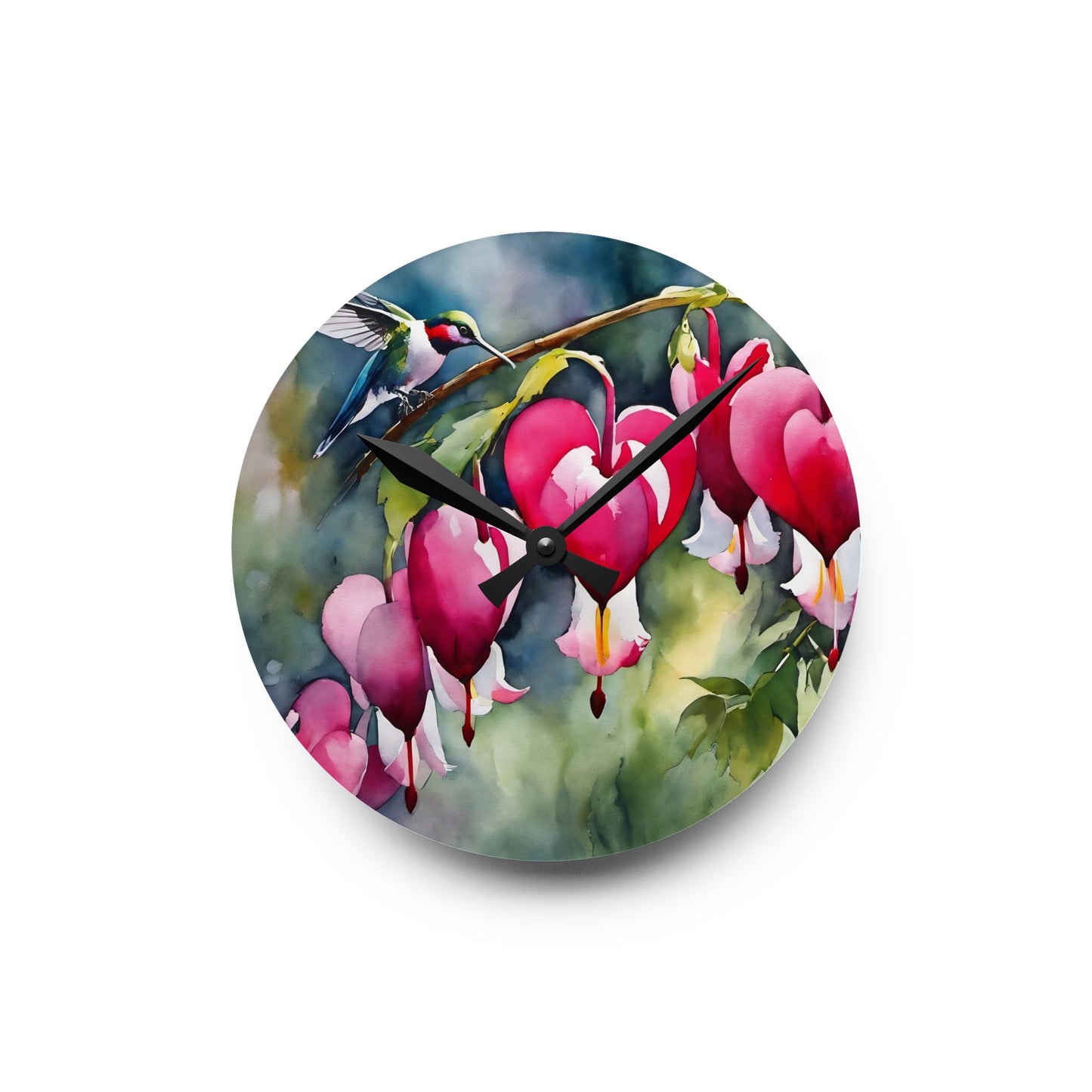 Wall Clock - Watercolor Bleeding Heart Flowers and Hummingbird Art by FairyHill Studio