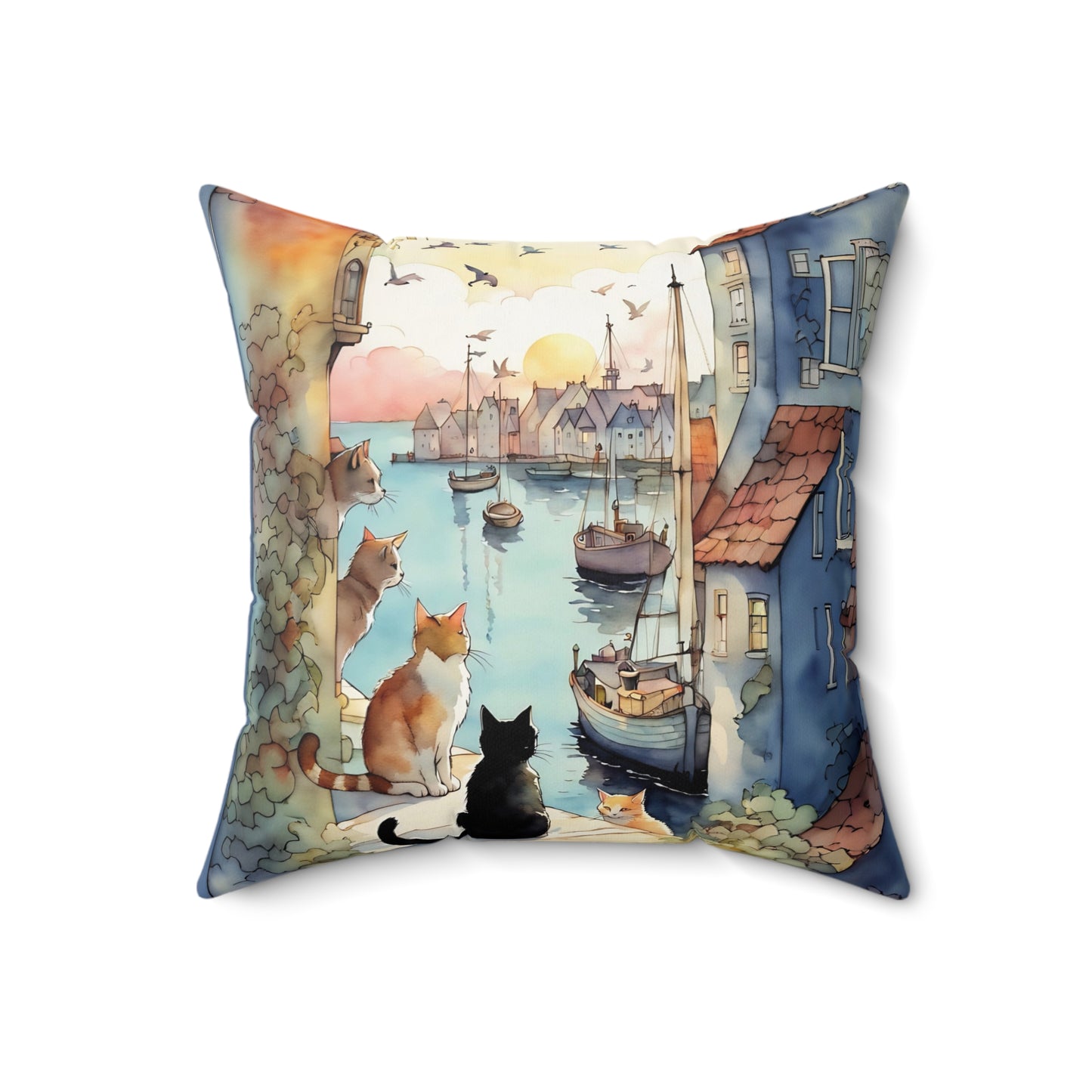 Cats by the Sea Square Pillow - by Fairyhill Studio