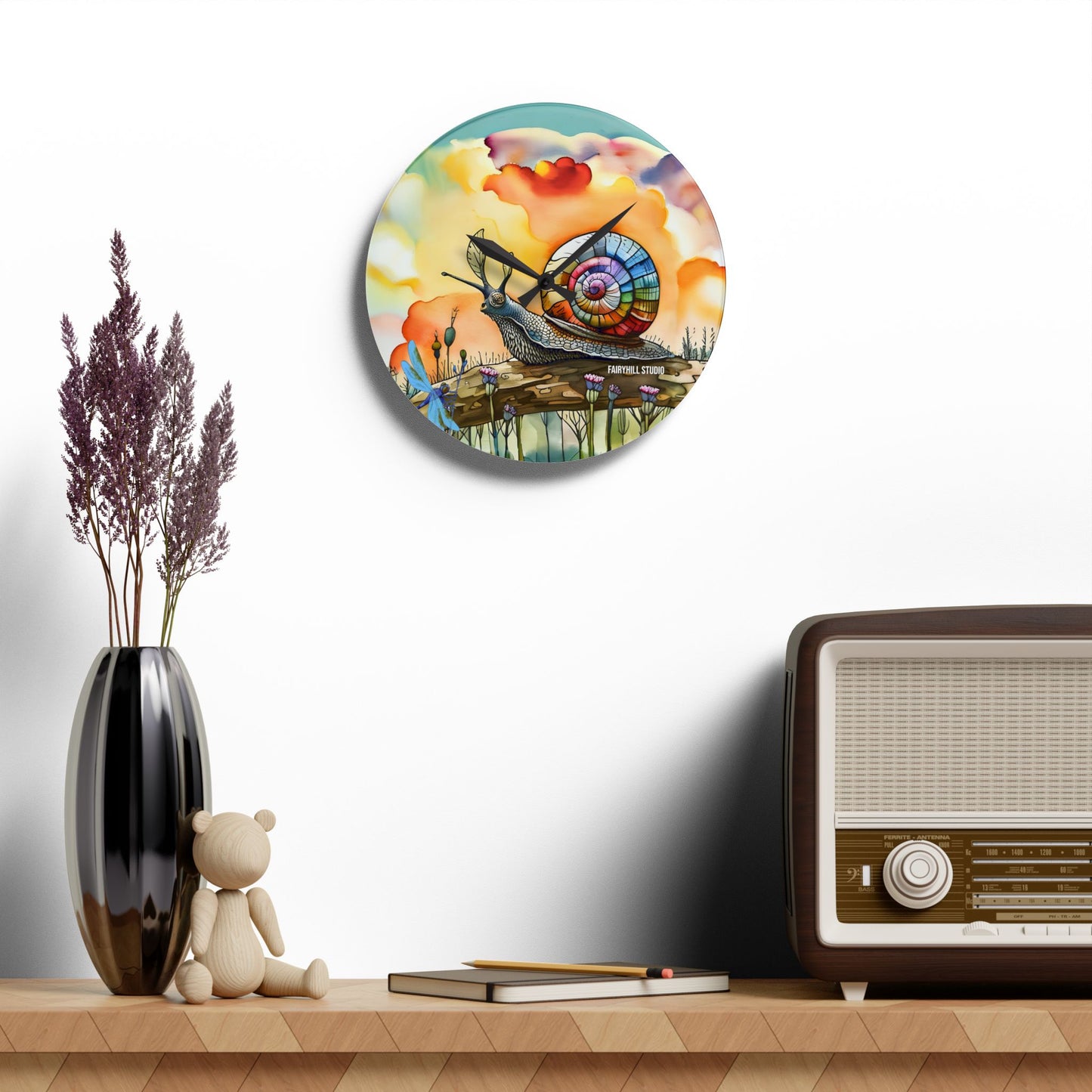 Acrylic Wall Clock Snail  and Dragonfly/Art