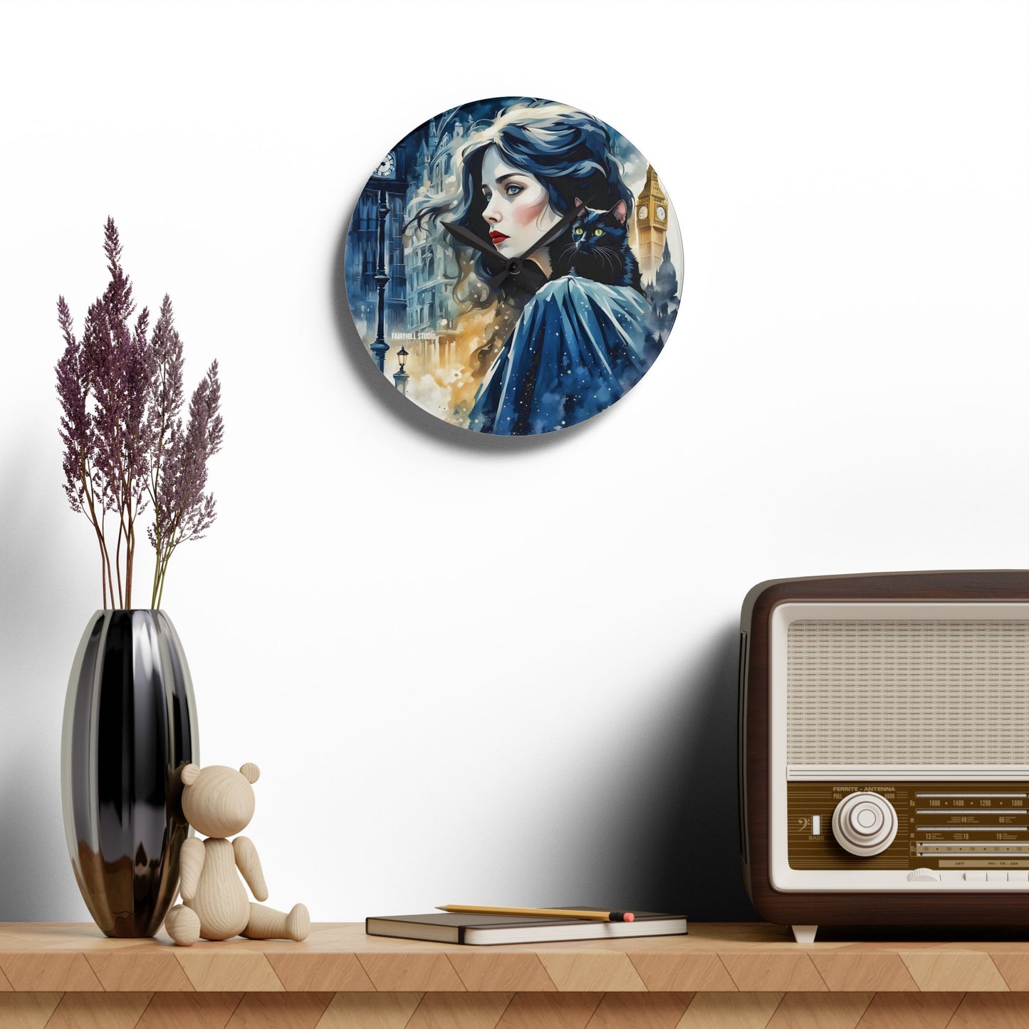 Acrylic Wall Clock - Woman with cat london Art