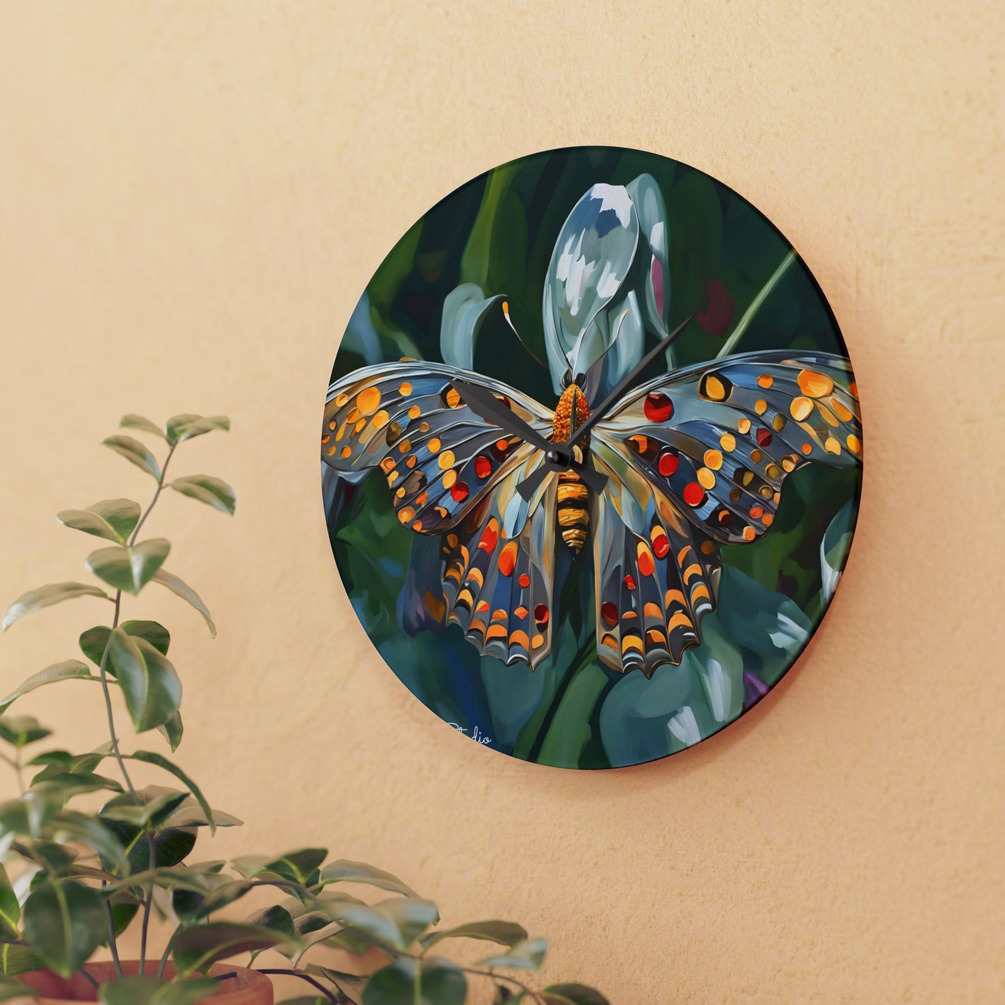 Acrylic Wall Clock - Lovely Butterfly on a Flower Art