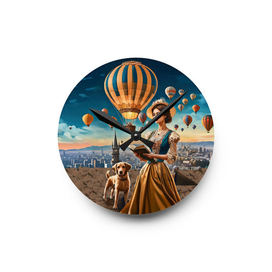 Wall Clock - Hot Air Balloons and Victorian Girl Reading with Dog Design