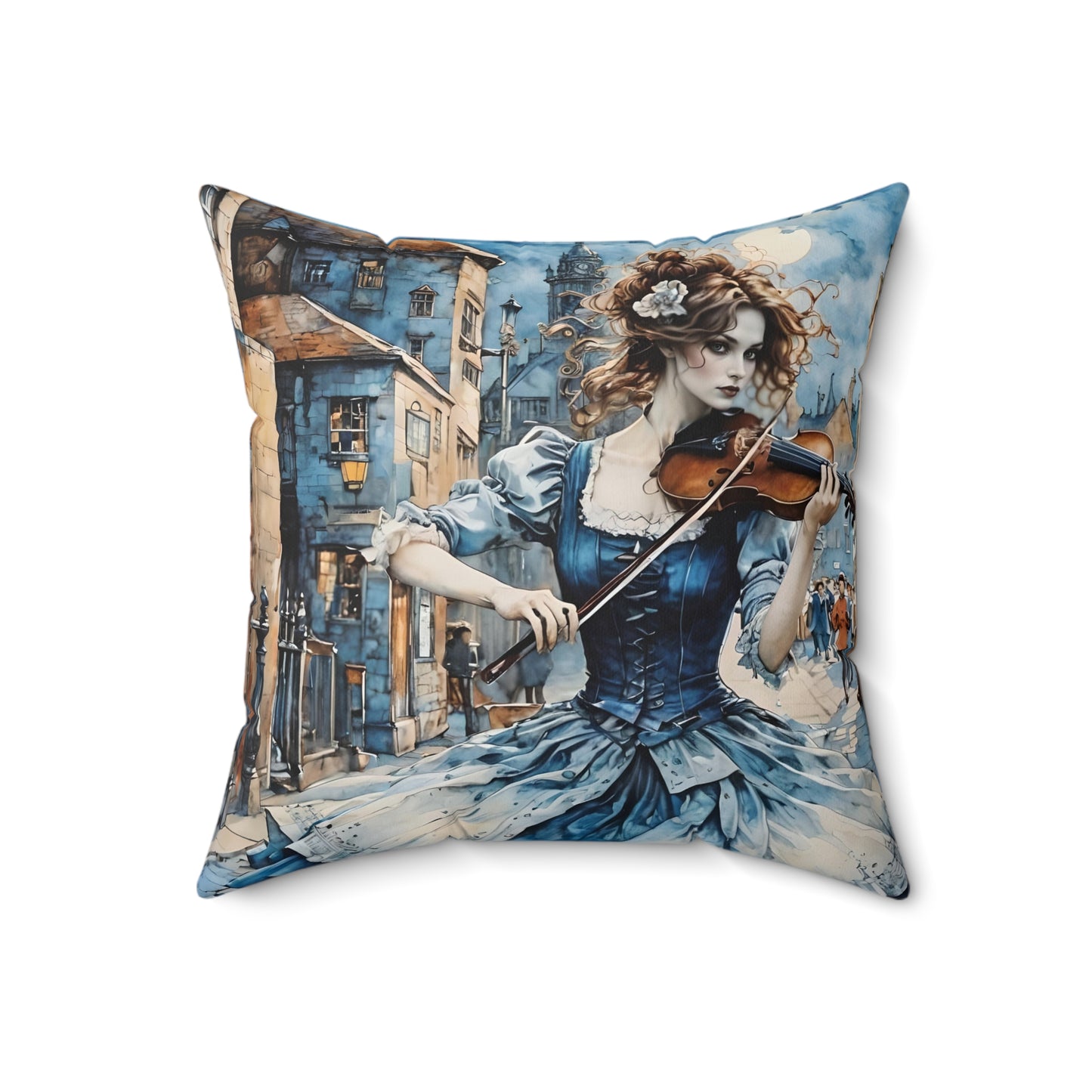 Square Pillow Blue Gypsy Violinist Girl Art