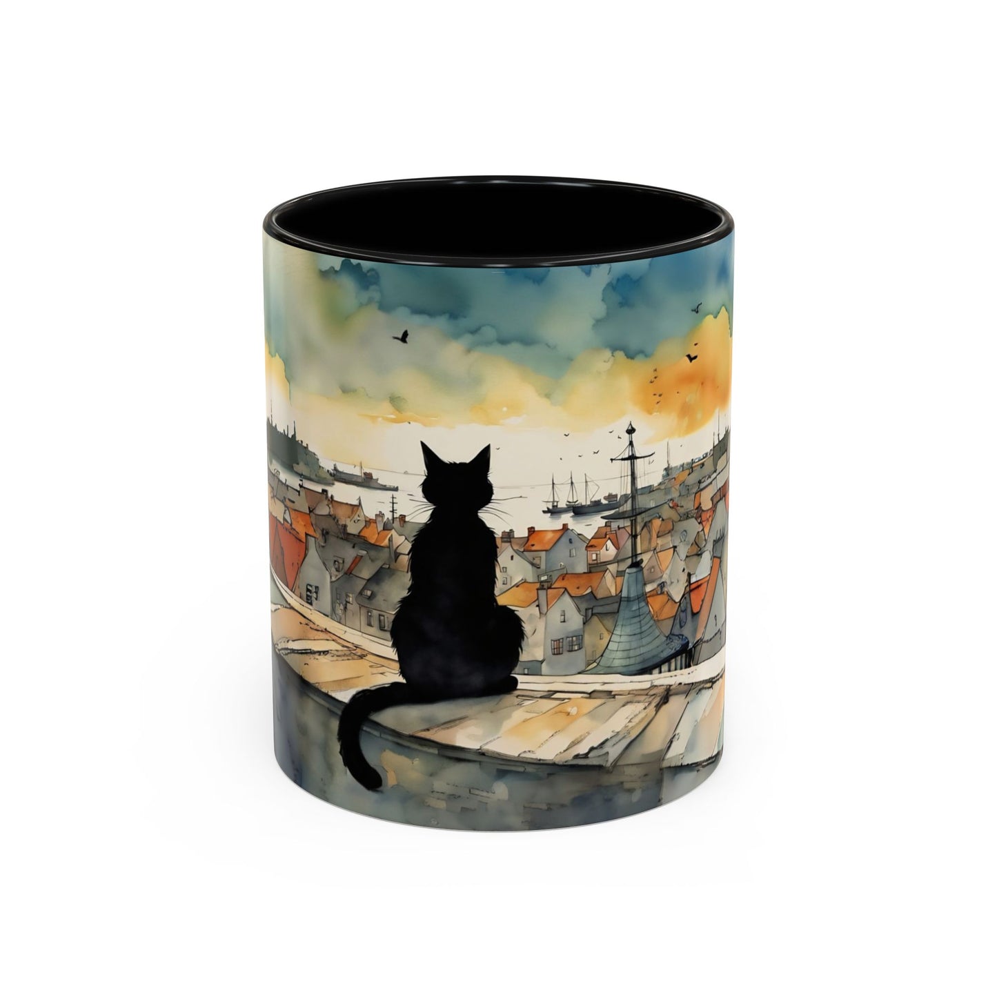 Black cat on a roof top Art-Themed Coffee Mug - 11 & 15oz Accent Mug for Musroom Fsiry Lovers