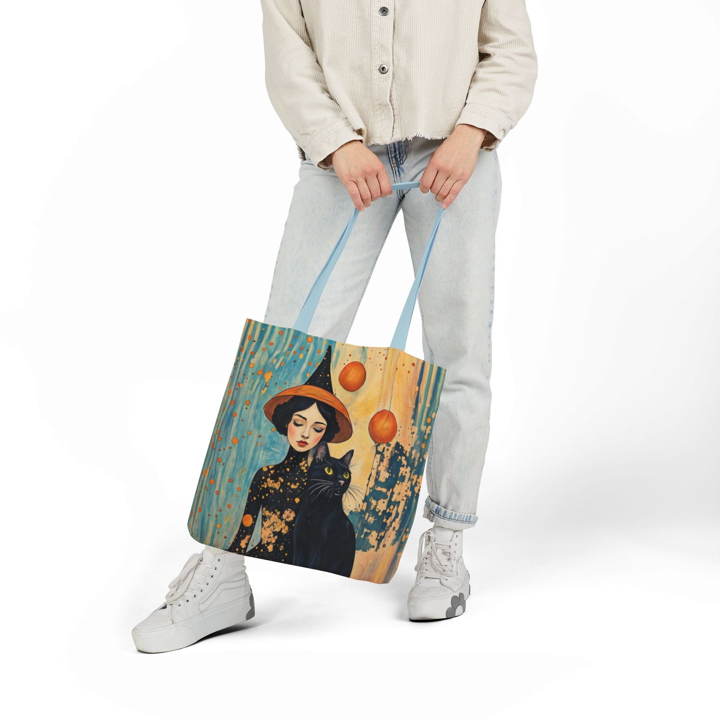 Colorful Witch and black cat-Inspired Canvas Tote Bag - Perfect for Beach Days, Eco-Friendly Shopping, and Summer Fun!