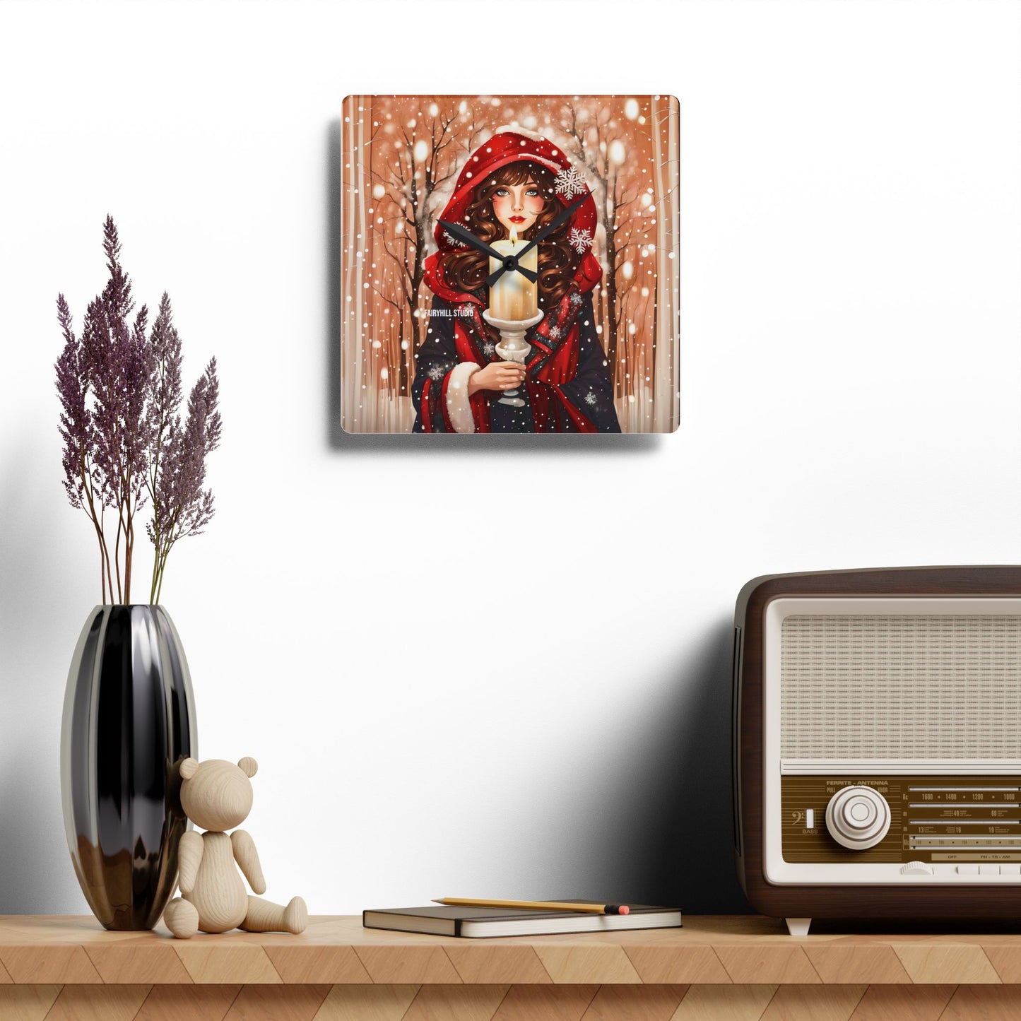 Acrylic Wall Clock -Winter Girl with a Christmas Candle