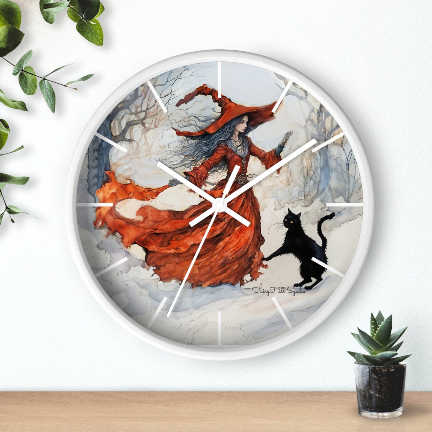 Crimson Witch with black cat Wall Clock, Boho Home Decor, Cat Lover Gift, Cozy Living Room Accessory, Unique Cat Artwork