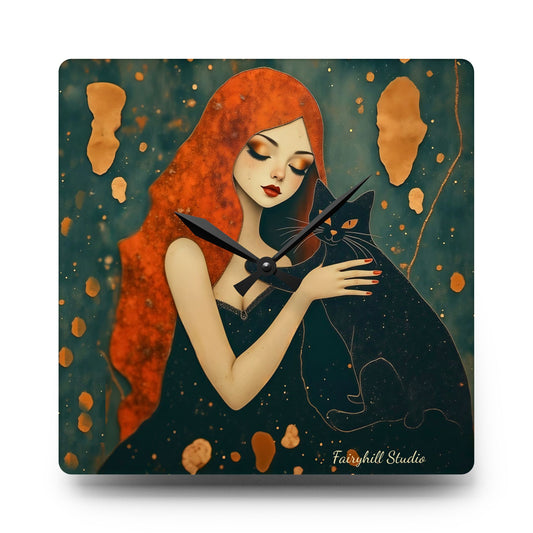 The Witching Hour Hug ,Girl with black cat   Wall clock  Gift   Acrylic Wall Clock