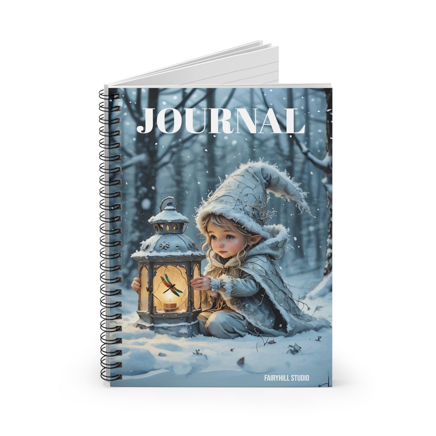 Notebook - Cute Elf with Dragonfly Lantern Winter Snow Magical Holiday Art