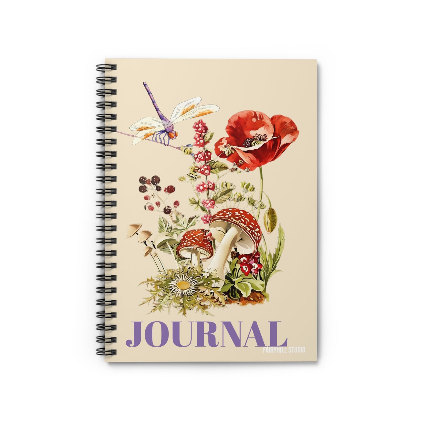Spiral Notebook -Poppies mushrooms ,wild flowers and a Dragonfly