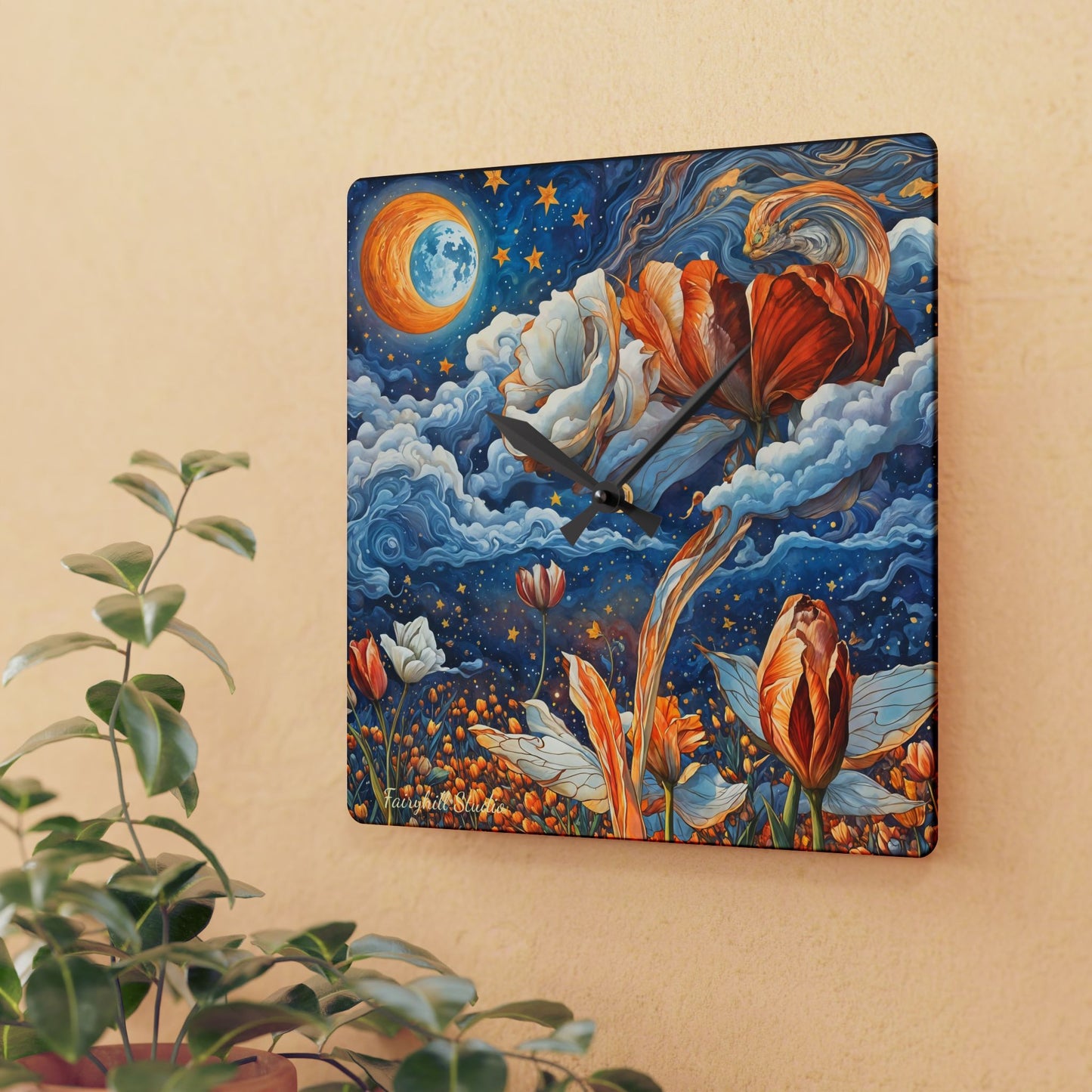 Celestial Tulips Mindfulness Acrylic Wall Clock