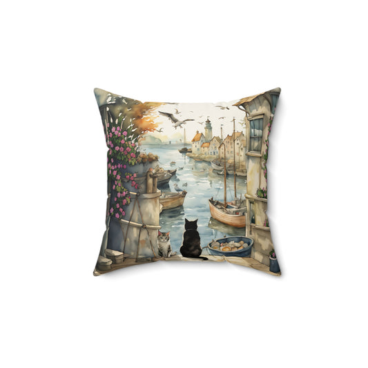 Harbour Cats Square Pillow - by Fairyhill Studio