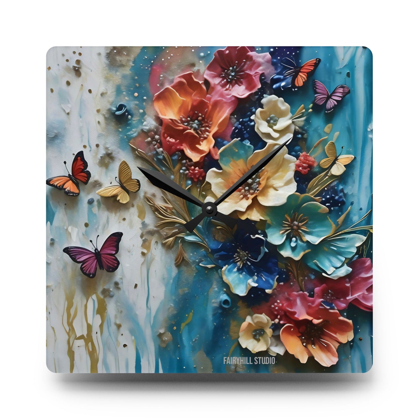 Acrylic Wall Clock - Impasto Flowers