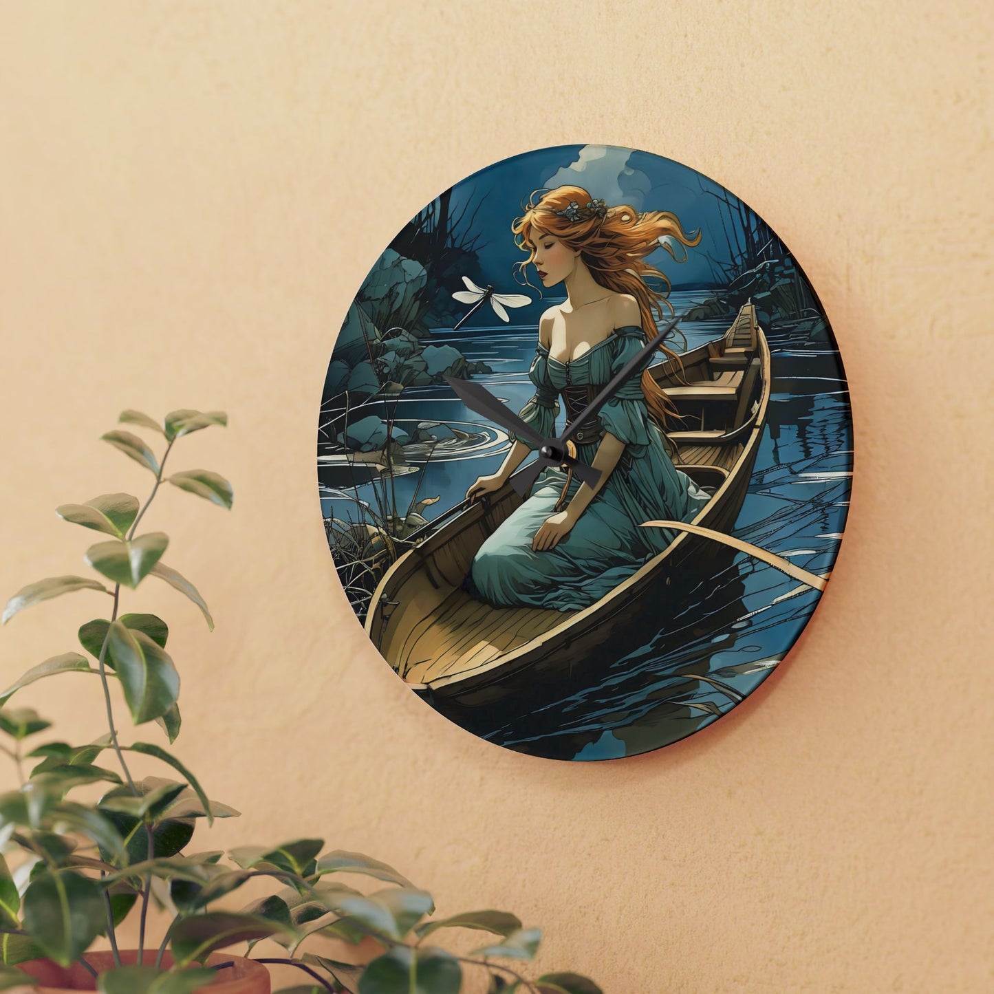 Acrylic Wall Clock Woman in a boat with a Dragonfly