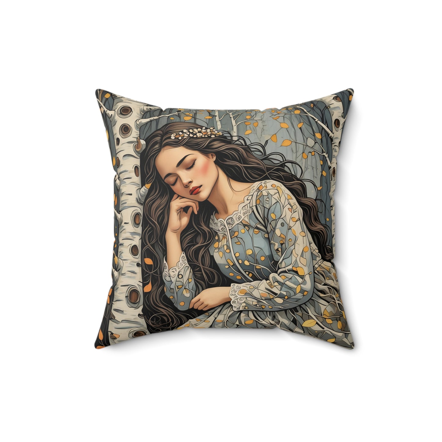 Square Pillow - Sleeping Beauty of the Birch Forest Fairy Hill Studio Art Design