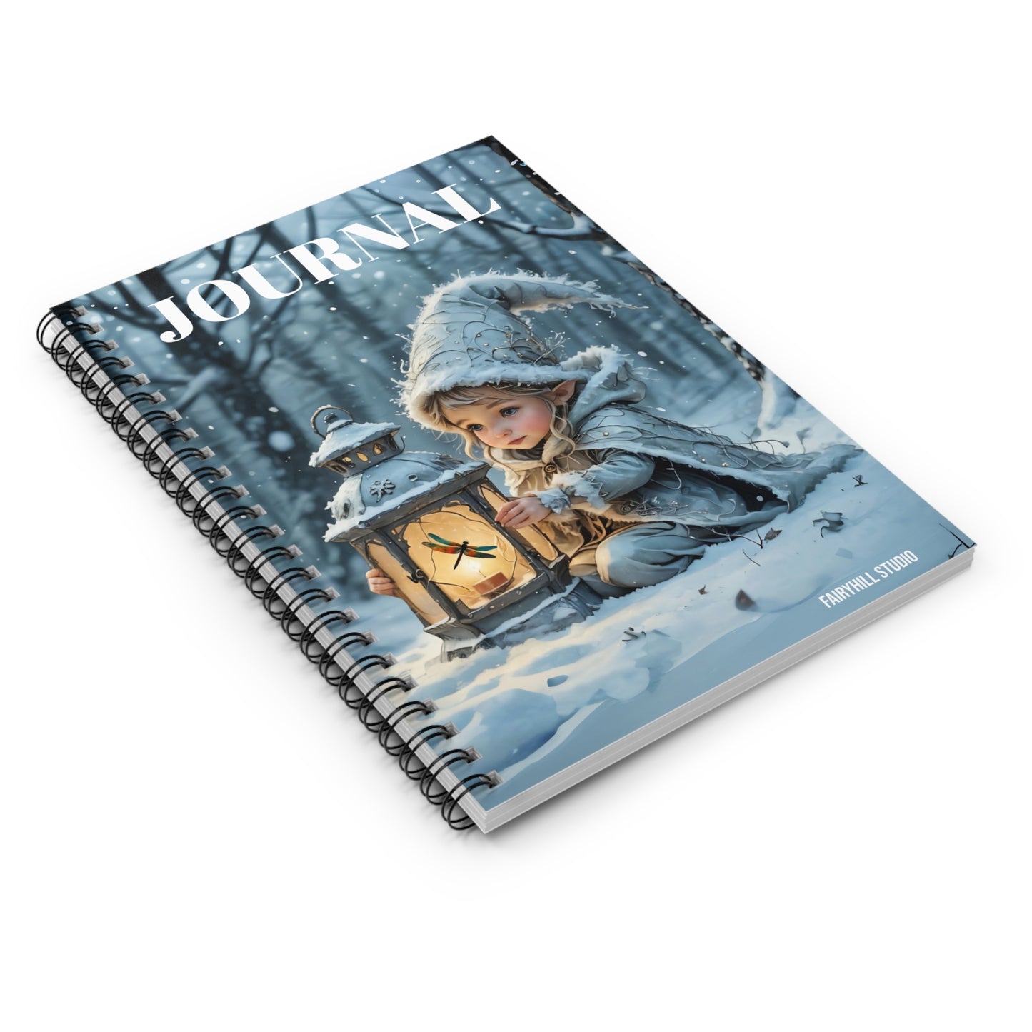 Notebook - Cute Elf with Dragonfly Lantern Winter Snow Magical Holiday Art