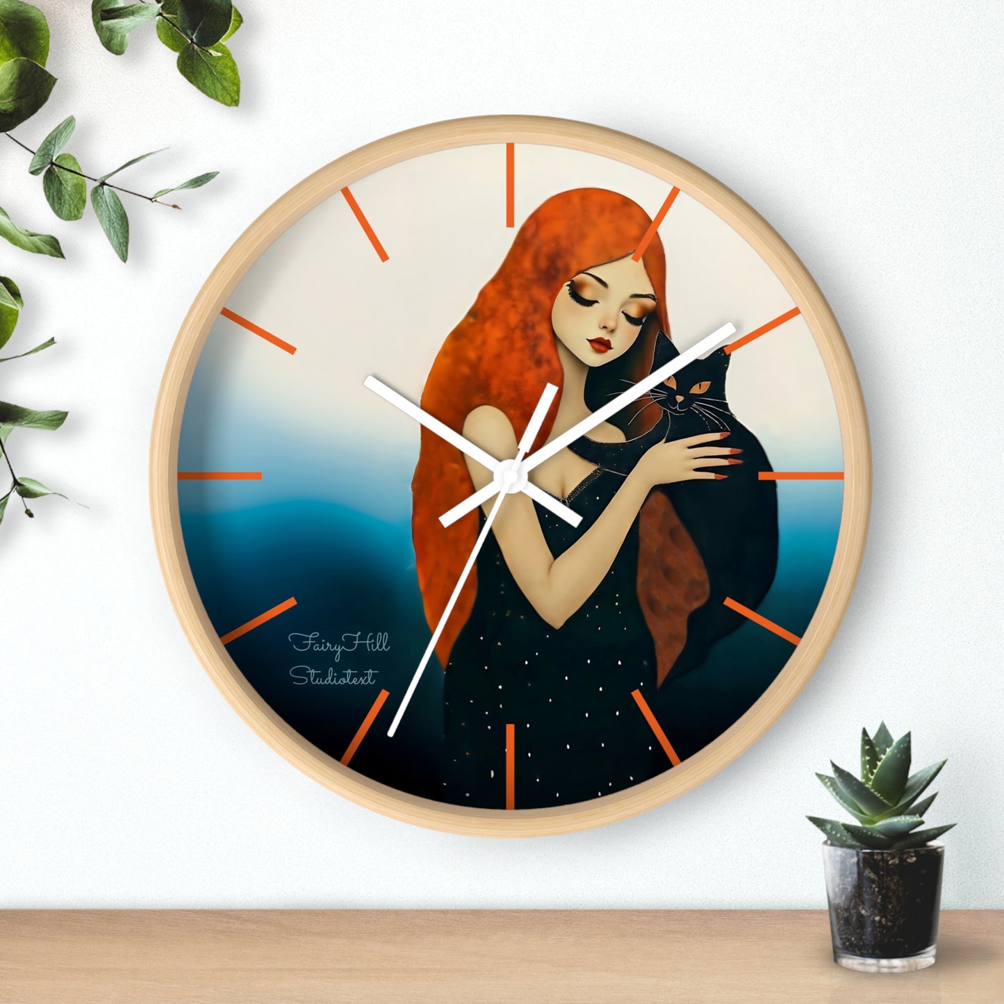 Whimsical Cat Embrace Wall Clock, Boho Home Decor, Cat Lover Gift, Cozy Living Room Accessory, Unique Cat Artwork