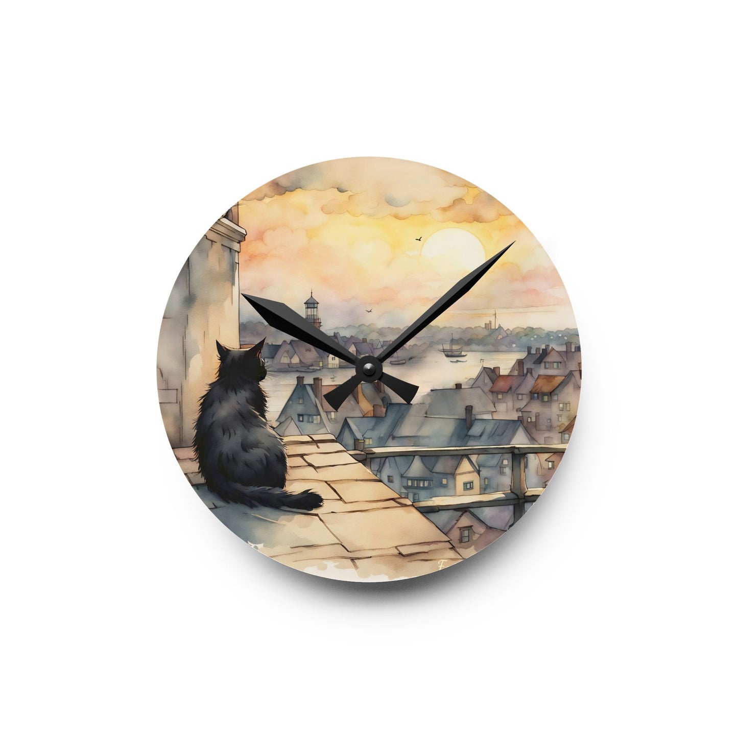 Black Cat on a roof top - by Fairyhill Studio  Wall clock  Gift   Acrylic Wall Clock