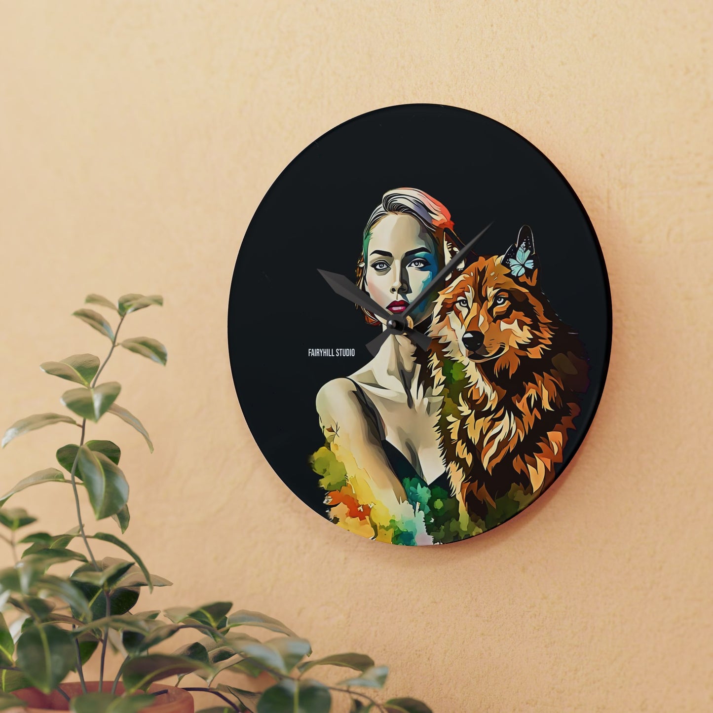 Acrylic Wall Clock -Girl withSpirit Animal Wolf/Art