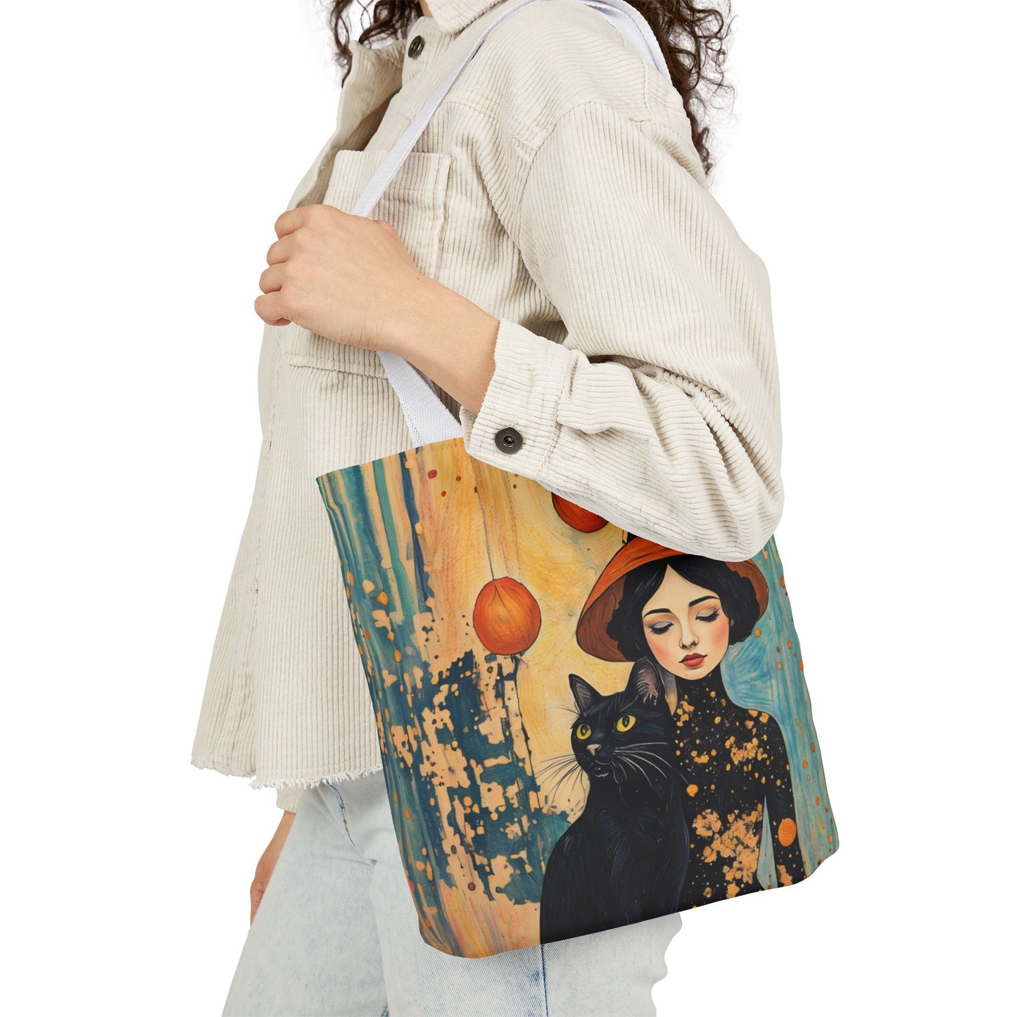 Colorful Witch and black cat-Inspired Canvas Tote Bag - Perfect for Beach Days, Eco-Friendly Shopping, and Summer Fun!