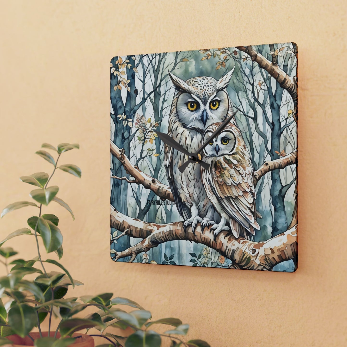 Acrylic Wall Clock Owl Family /Art