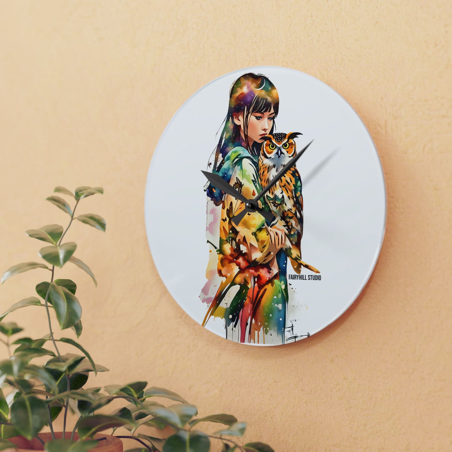 Acrylic Wall Clock -Girl with Owl Art