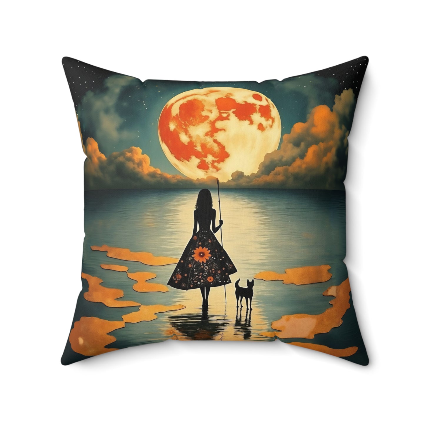 Girl with a fullmoon balloon Square Pillow - by Fairyhill Studio