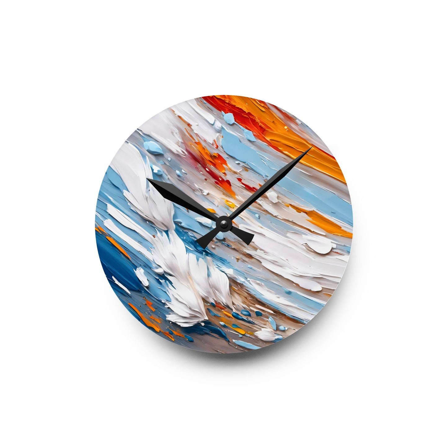 Abstract Impasto Acrylic Wall Clock - White Aqua Orange Colors by Fairyhill Studio