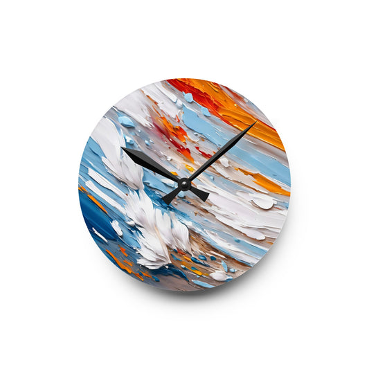 Abstract Impasto Acrylic Wall Clock - White Aqua Orange Colors by Fairyhill Studio